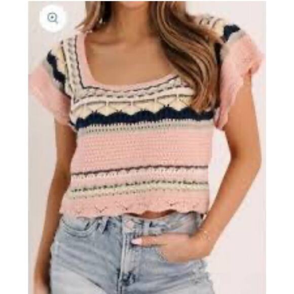 POL Crochet Openwork Bohemian Short Sleeve Crop Top Colorful Granny Knit Shirt - Picture 1 of 7